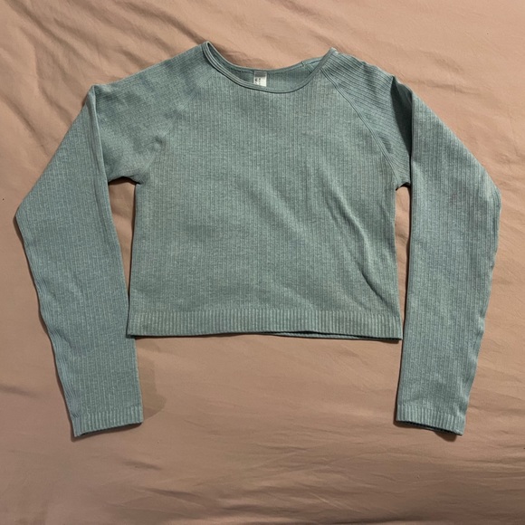 Long-Sleeve Cropped Blue Athletic Top - Picture 1 of 4